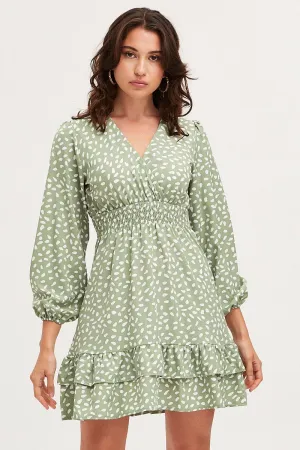 Trend Vibe Geo Print Skater Dress Long Sleeve Mini Ruffle