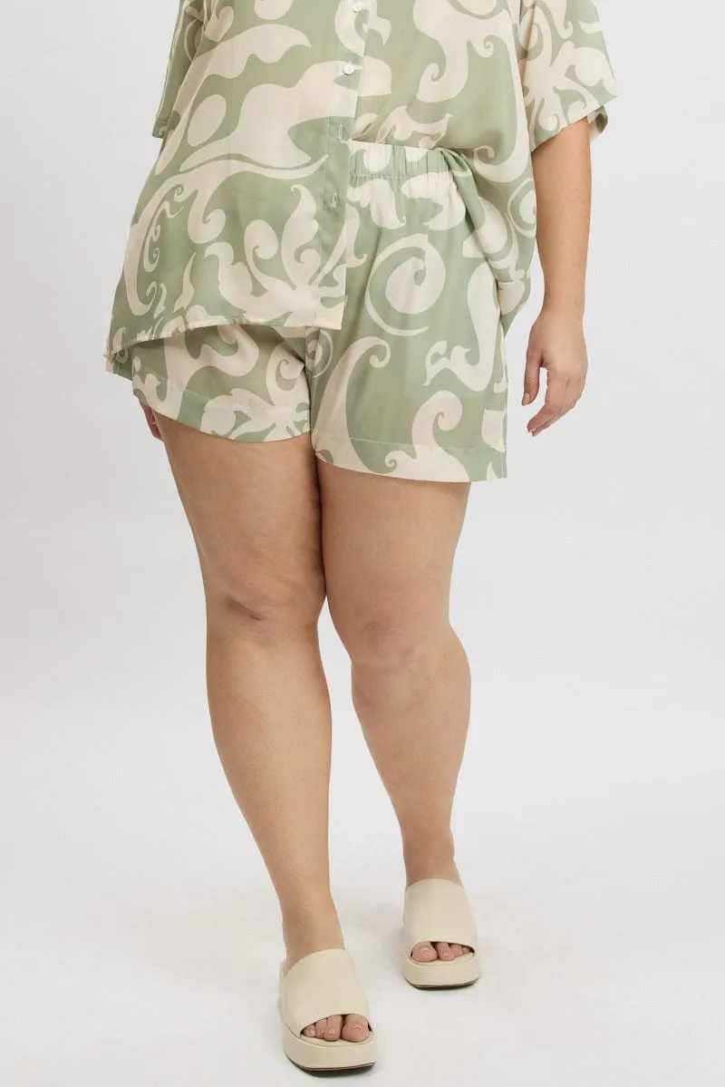 Green Abstract Elastic Waist Shorts Day Off AntibacterialMaterial