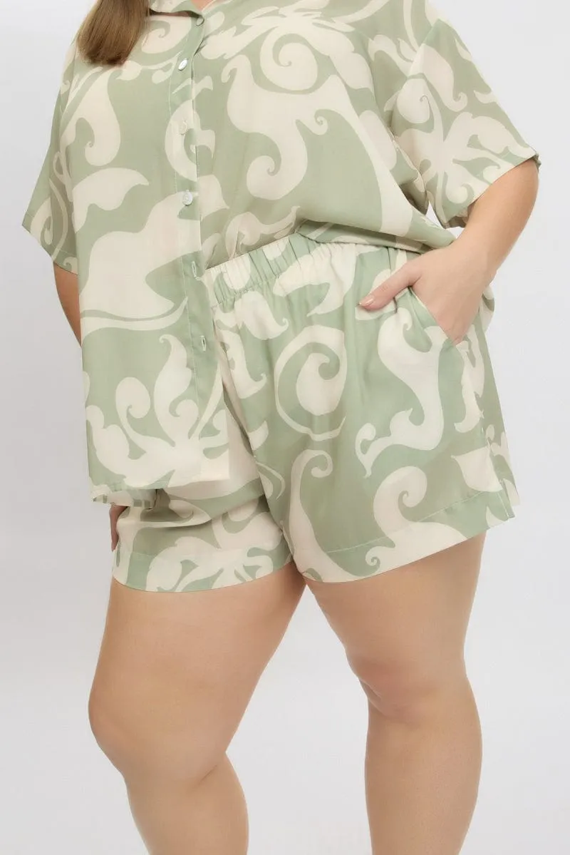 Green Abstract Elastic Waist Shorts Red Flash