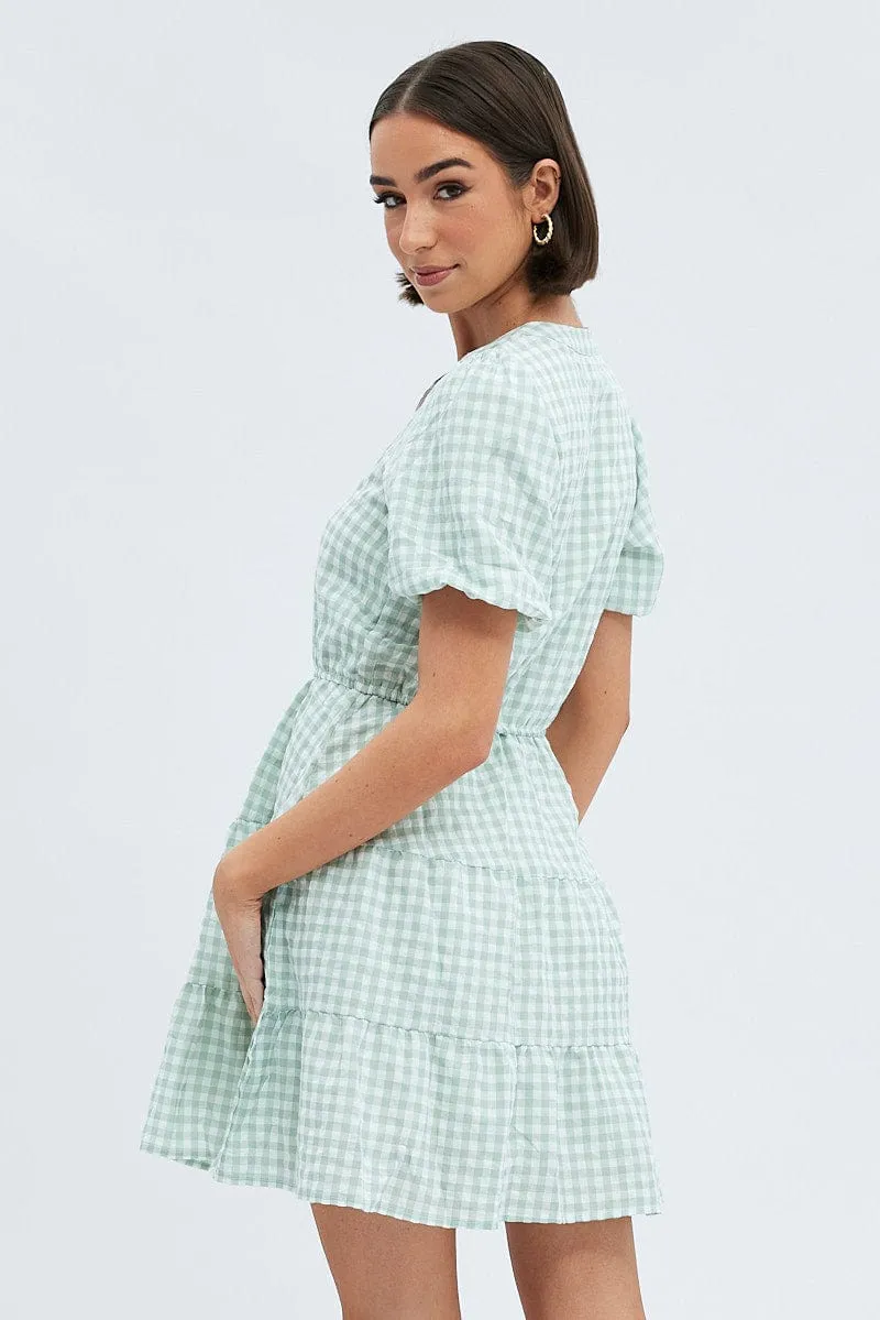 Green Check Shirt Dress Short Sleeve Tiered Regular Fit King Mode