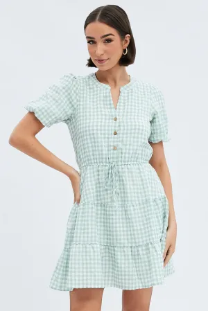 Magnetic Closure Green Check Shirt Dress Short Sleeve Tiered