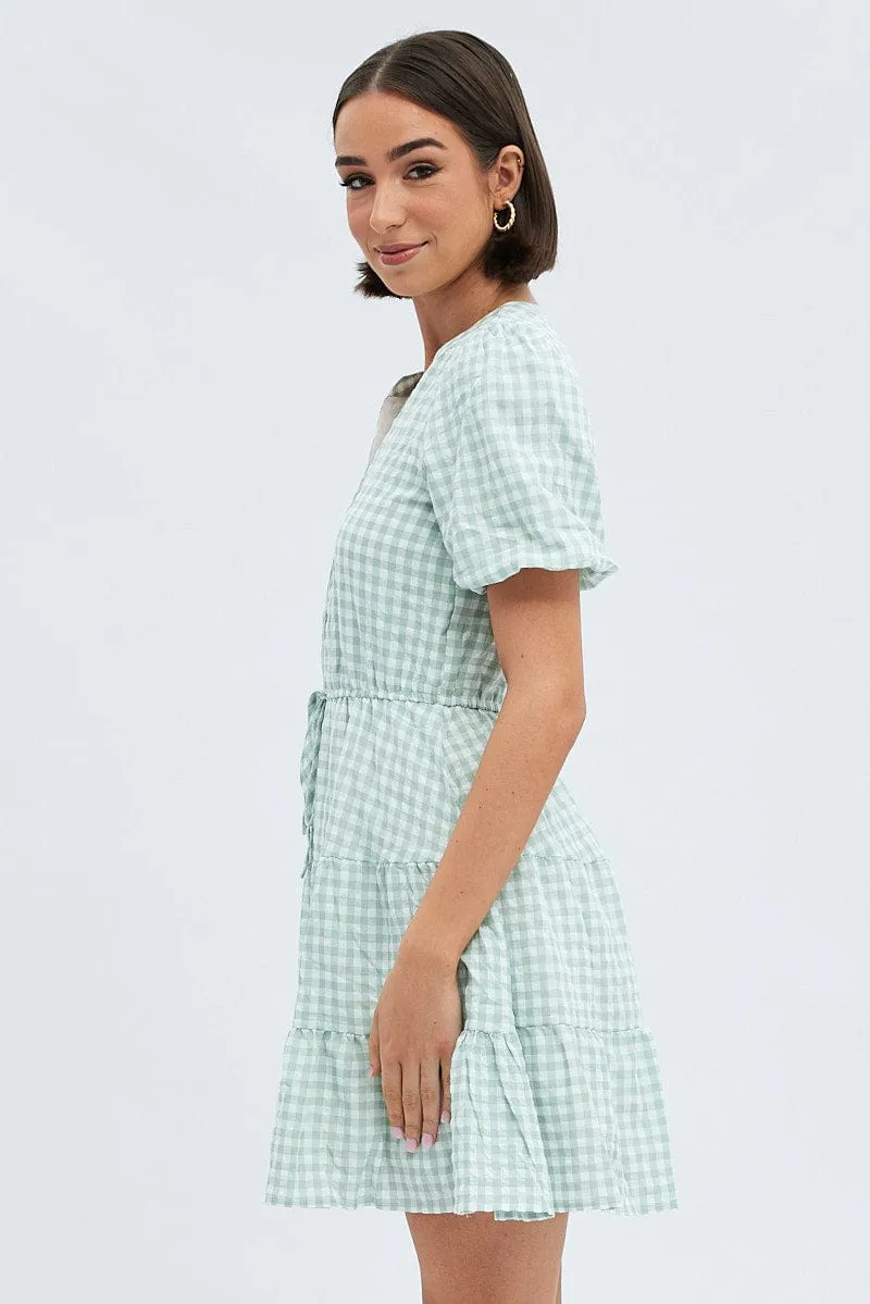 Strong Glow DurableThreadwork Green Check Shirt Dress Short Sleeve Tiered