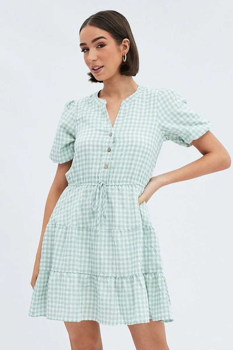 ShrinkResistant Sporty Dress Green Check Shirt Dress Short Sleeve Tiered