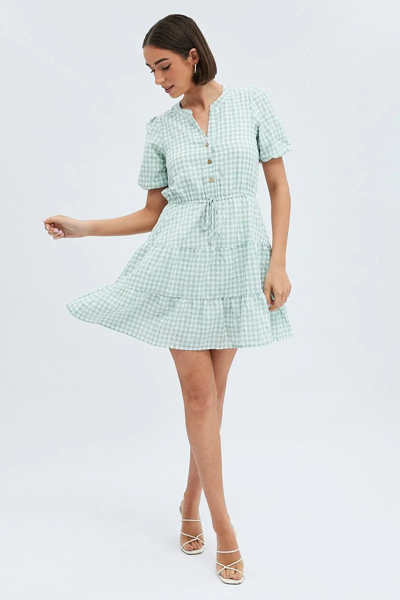 Green Check Shirt Dress Short Sleeve Tiered EcoConscious Production