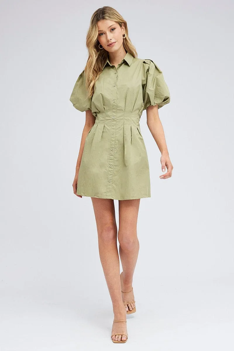 Fashion Trend Resort Mood Green Shirt Dress Short Sleeve