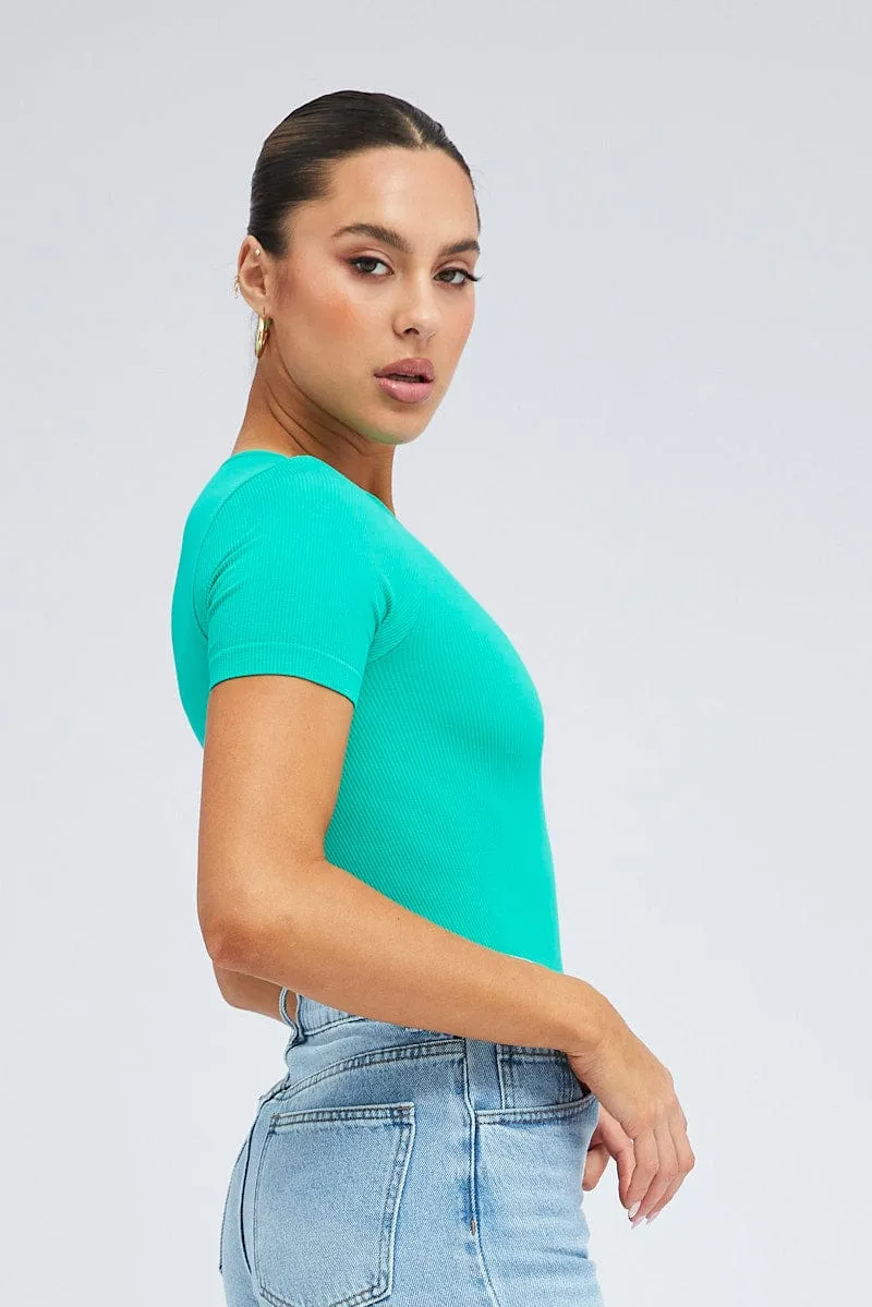 DoubleLayered Fabric Jade Bodysuit Short sleeve Crew neck Seamless