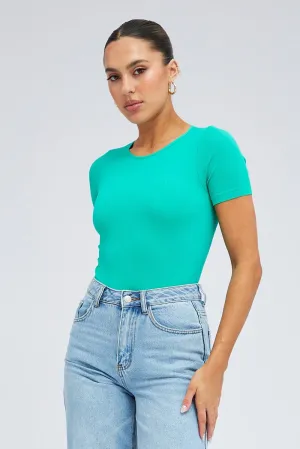 Parisian Chic Durable Stitching Jade Bodysuit Short sleeve Crew neck Seamless