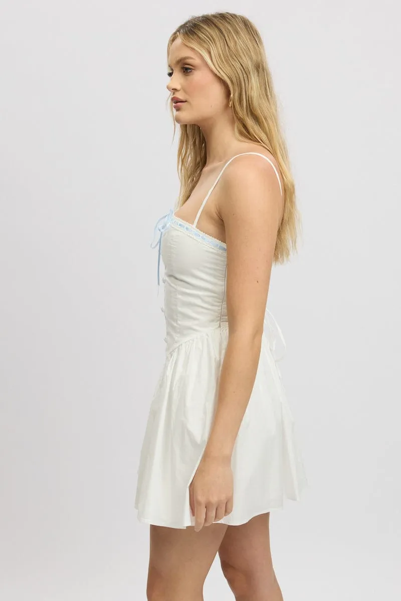DurableBlend White Fit And Flare Dress Ribbon Tape Mini
