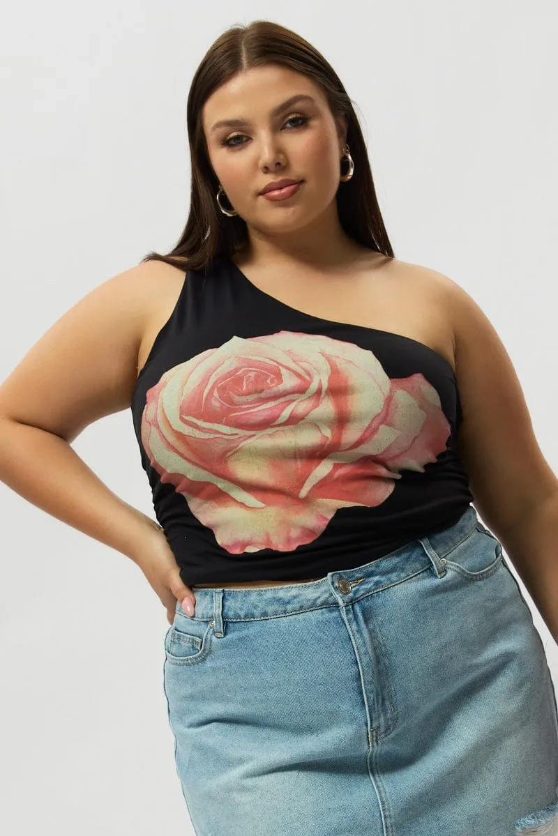 Black One Shoulder Top Side Ruched Machine Fit