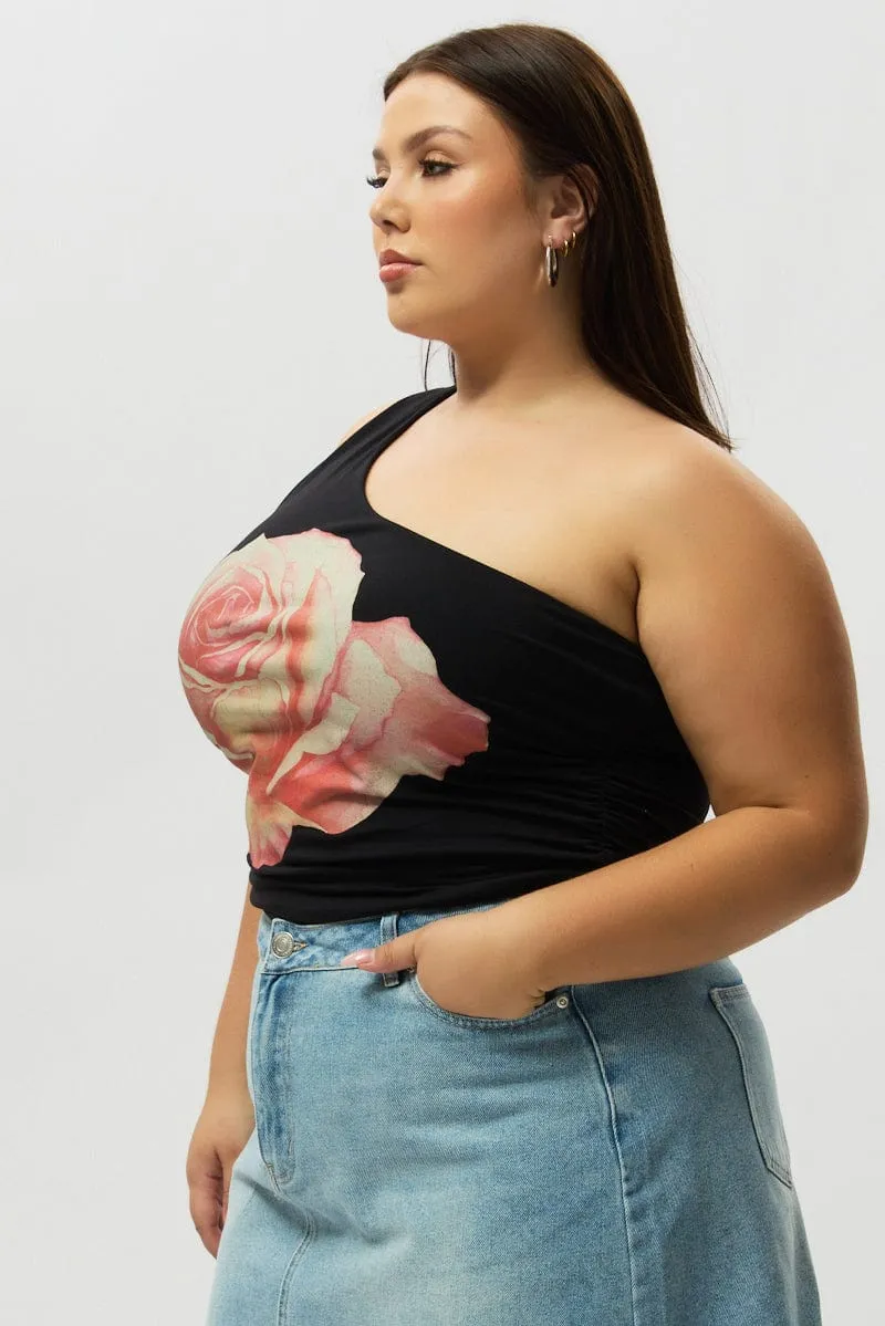 Black One Shoulder Top Side Ruched Team Edge