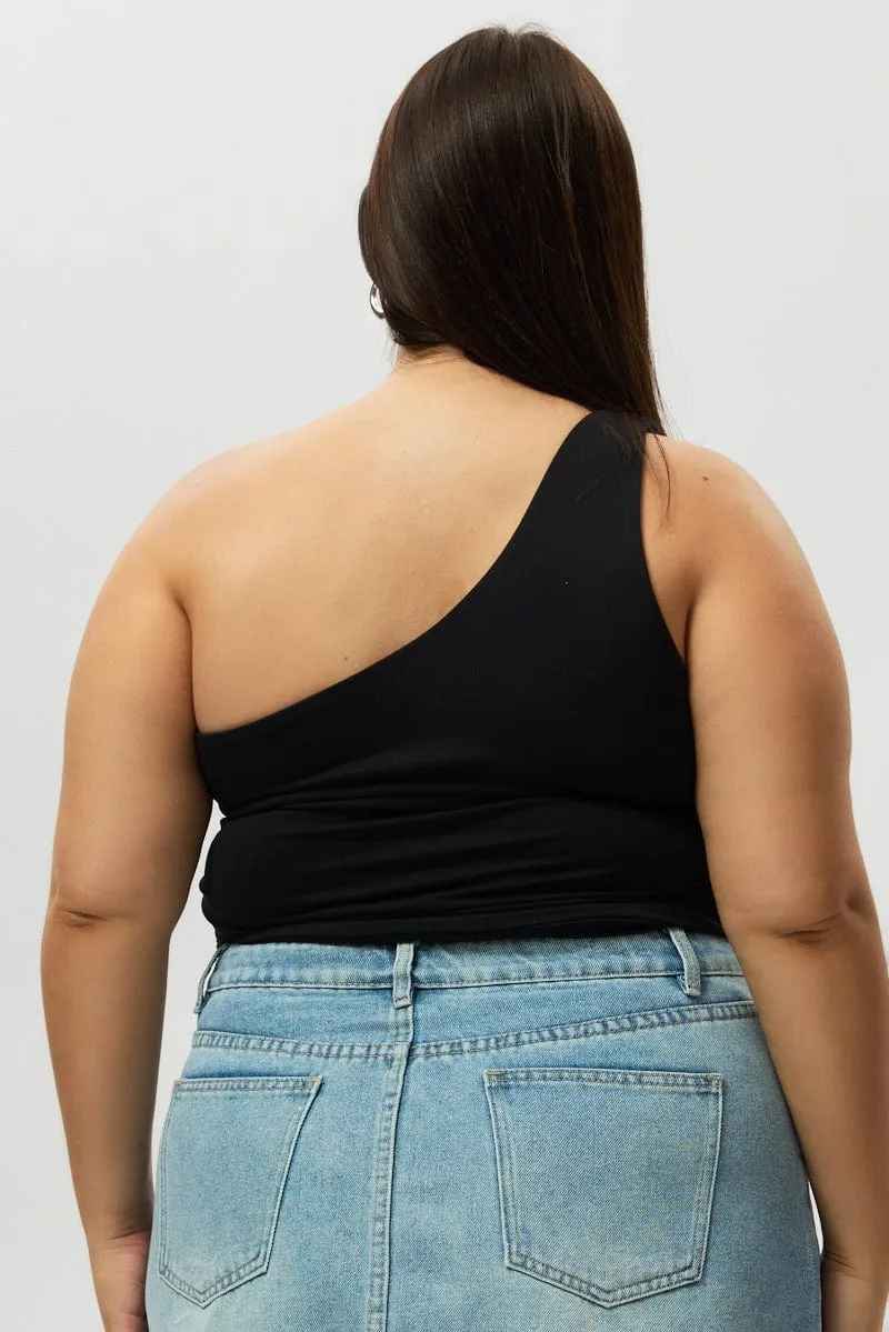 Black One Shoulder Top Side Ruched Mind Ease