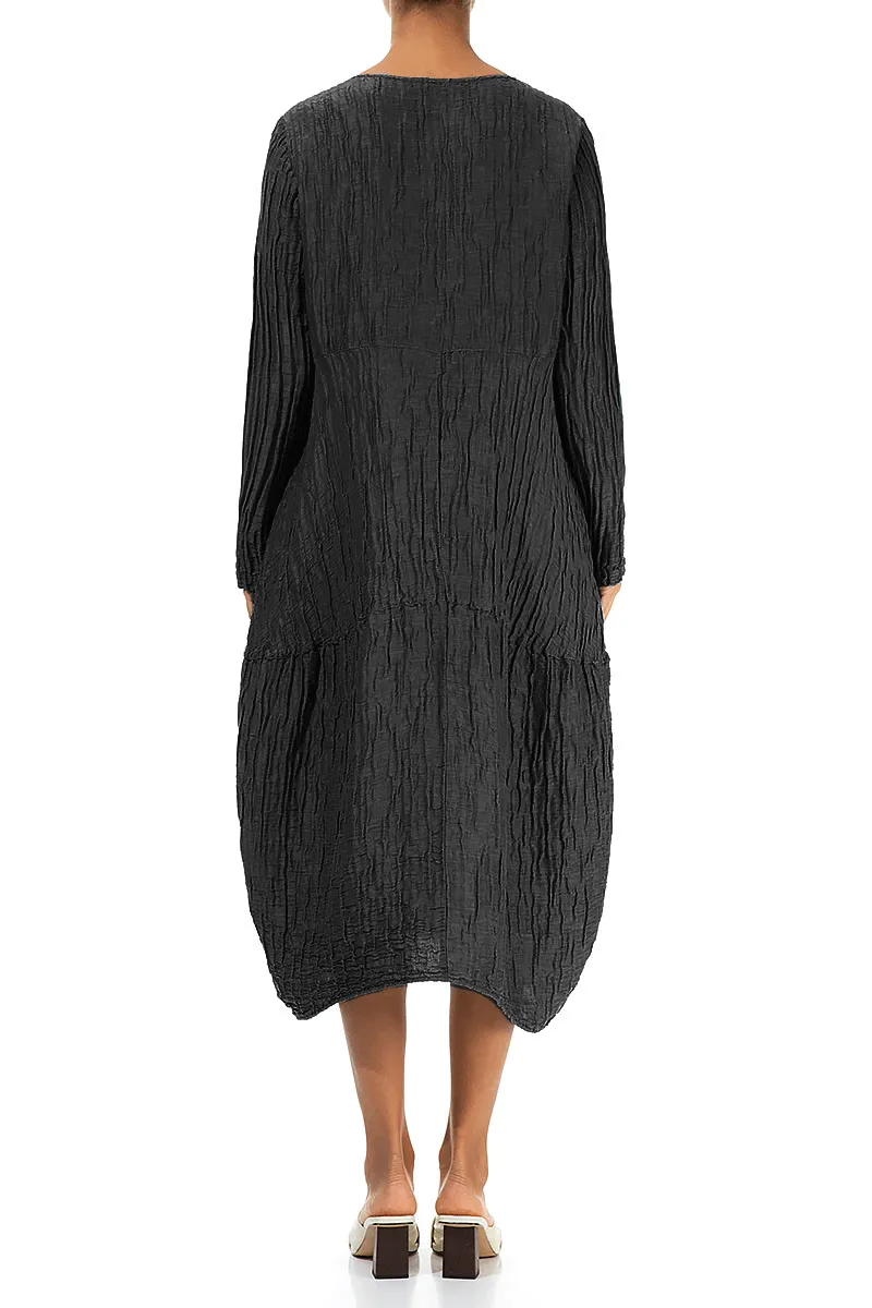 Gloss Fit Long Sleeves Balloon Crinkled Black Silk Linen Dress