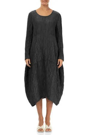 Long Sleeves Balloon Crinkled Black Silk Linen Dress Classic Hoodie