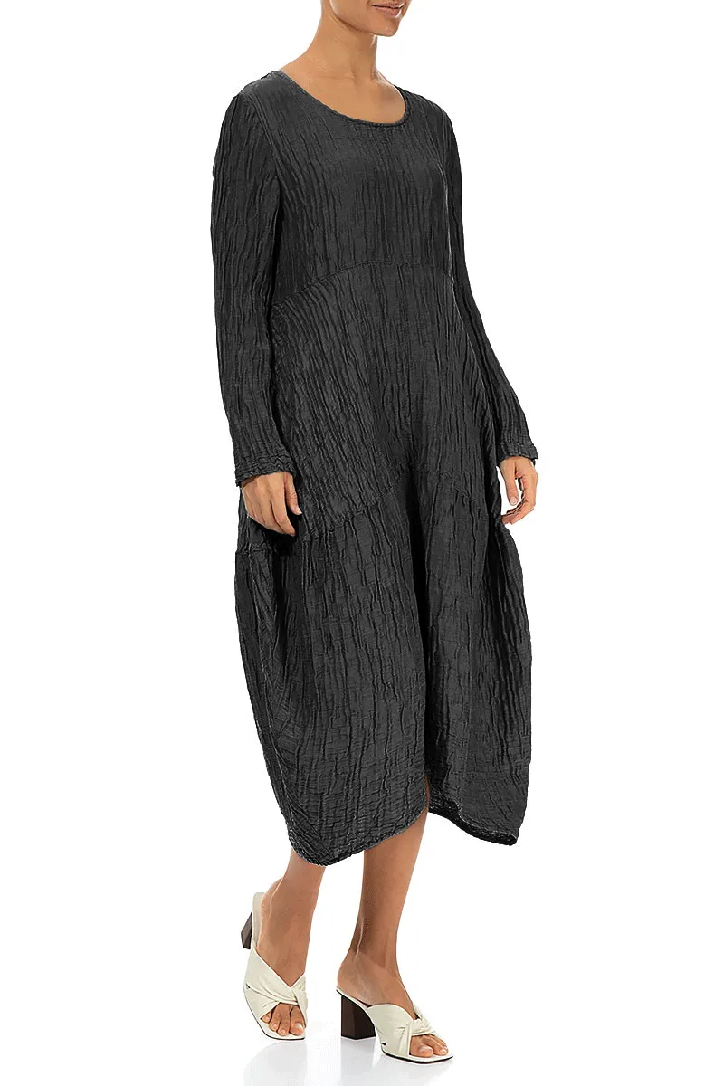 Flexible Outerwear Long Sleeves Balloon Crinkled Black Silk Linen Dress