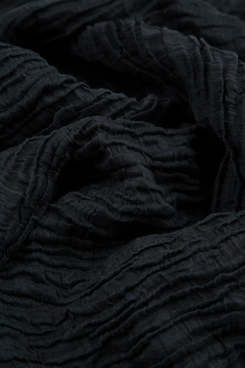 Stylish Layer Long Sleeves Balloon Crinkled Black Silk Linen Dress