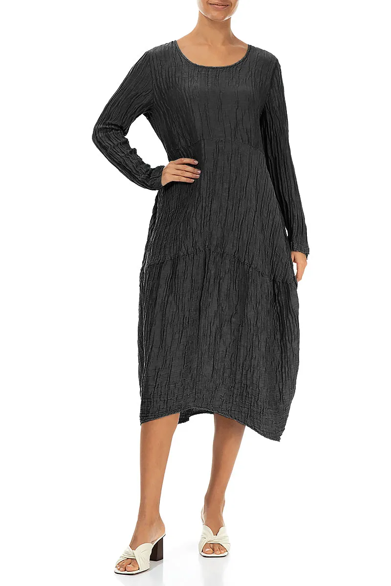 AdaptiveFit Long Sleeves Balloon Crinkled Black Silk Linen Dress