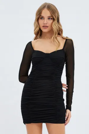 Athletic Apparel Dense Fit Black Bodycon Dress Corset Detail Mesh