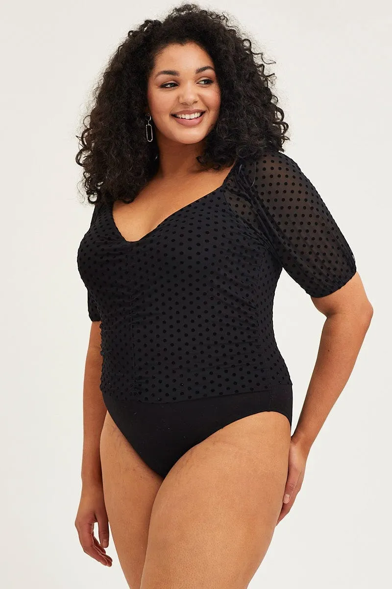 Black Short Sleeve Spot Mesh Bodysuit yoga mode