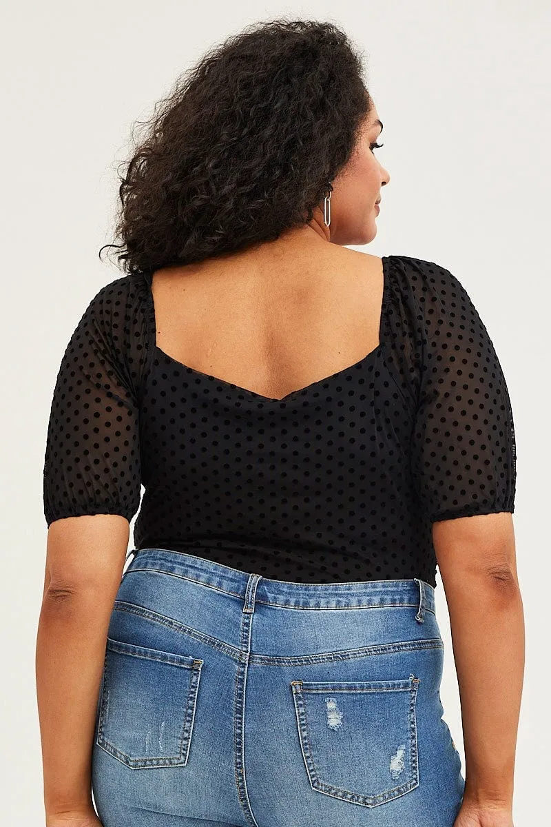 ShrinkageFree Fabric Casual Style Black Short Sleeve Spot Mesh Bodysuit
