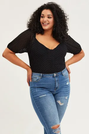 Black Short Sleeve Spot Mesh Bodysuit Comfortable Shorts