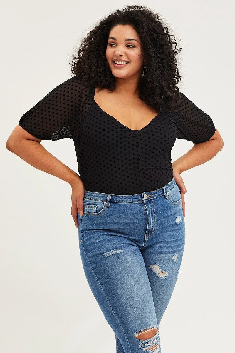 Black Short Sleeve Spot Mesh Bodysuit Comfortable Shorts