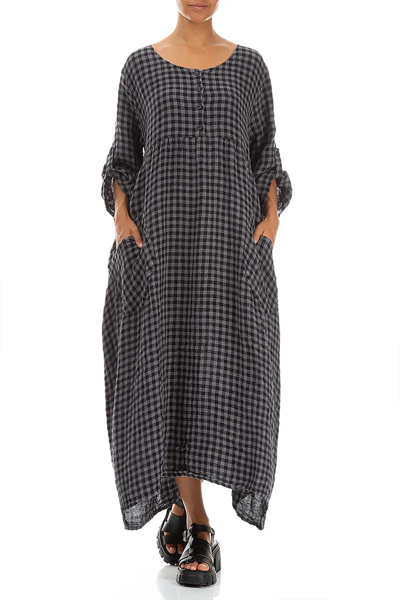 Smile Ease Buttoned Grey Check Linen Dress