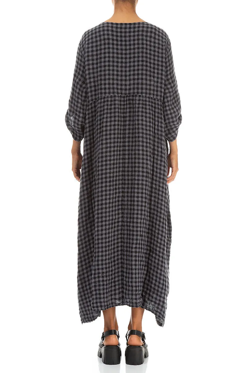 Gentle Breeze Buttoned Grey Check Linen Dress