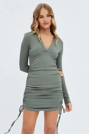 Gloss Glow Green Bodycon Dress Long Sleeve Collared Rib