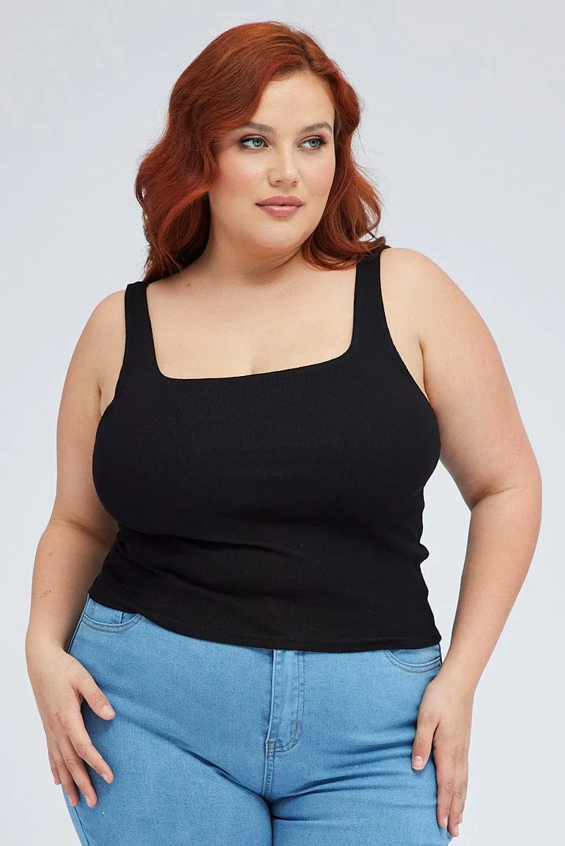 Black Tank Top Square Neck Sleeveless Cotton LowProfile Fasteners