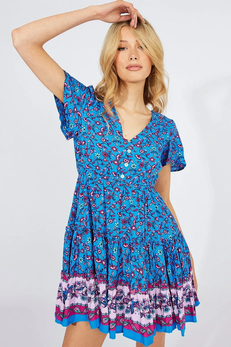 Blue Boho Fit And Flare Dress V-neck Mini Run Core London Edge