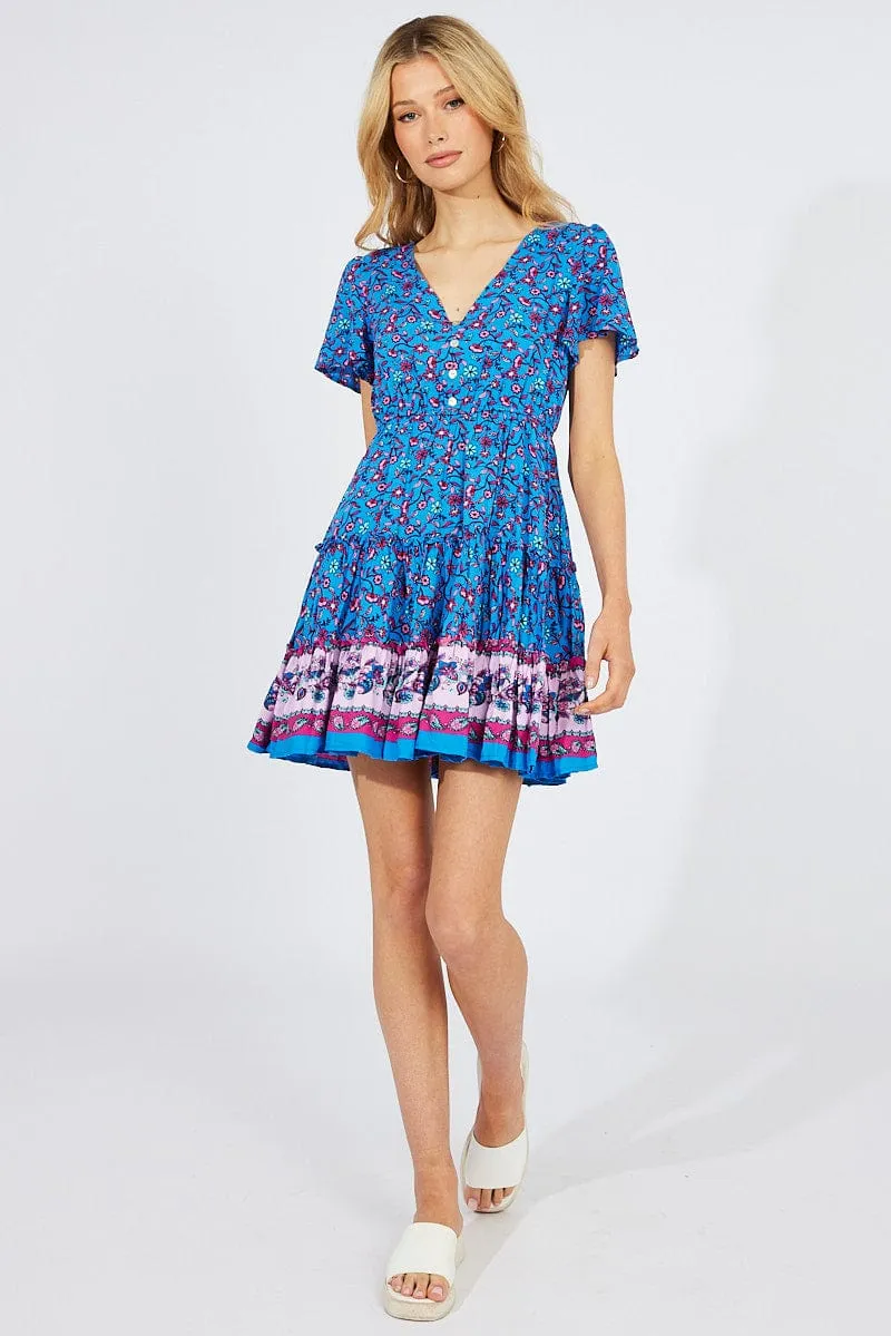 Elite Vibe Stylish Jumper Blue Boho Fit And Flare Dress V-neck Mini