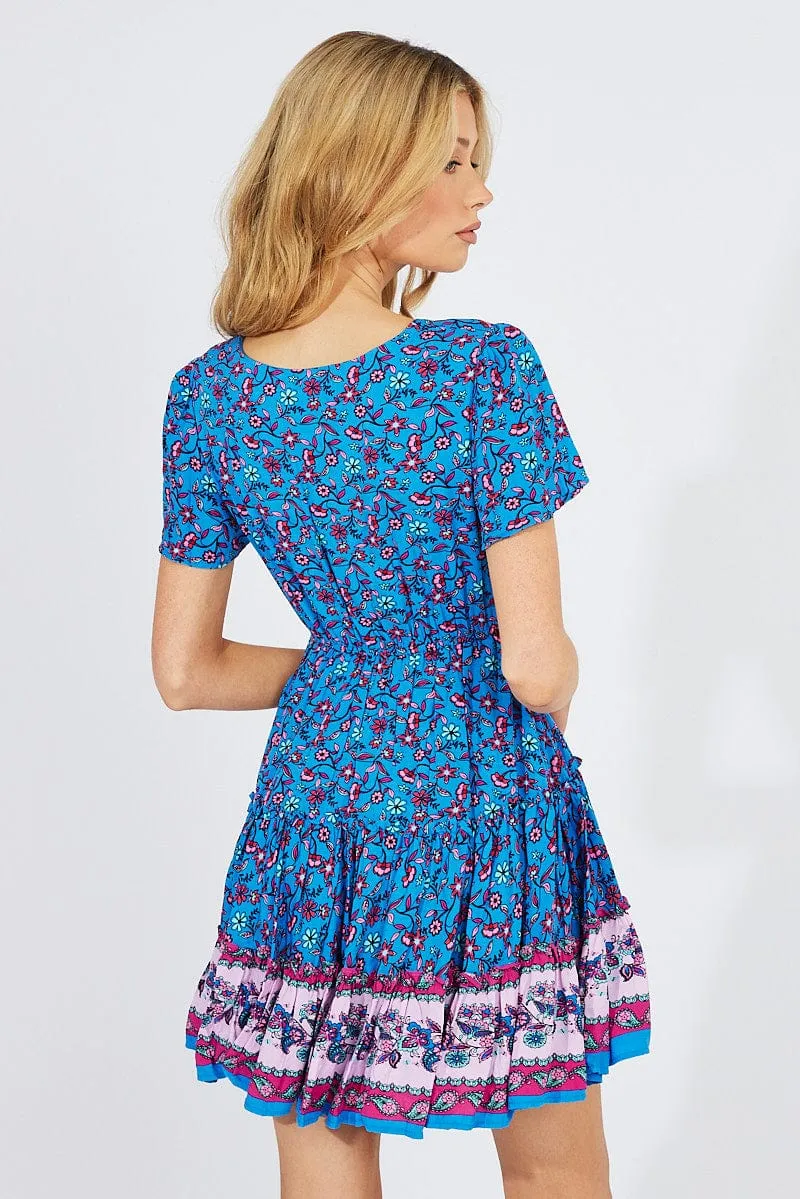 Tight Net Gym Safe Blue Boho Fit And Flare Dress V-neck Mini