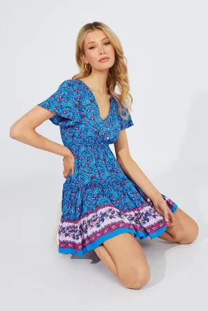 Active clothing Blue Boho Fit And Flare Dress V-neck Mini