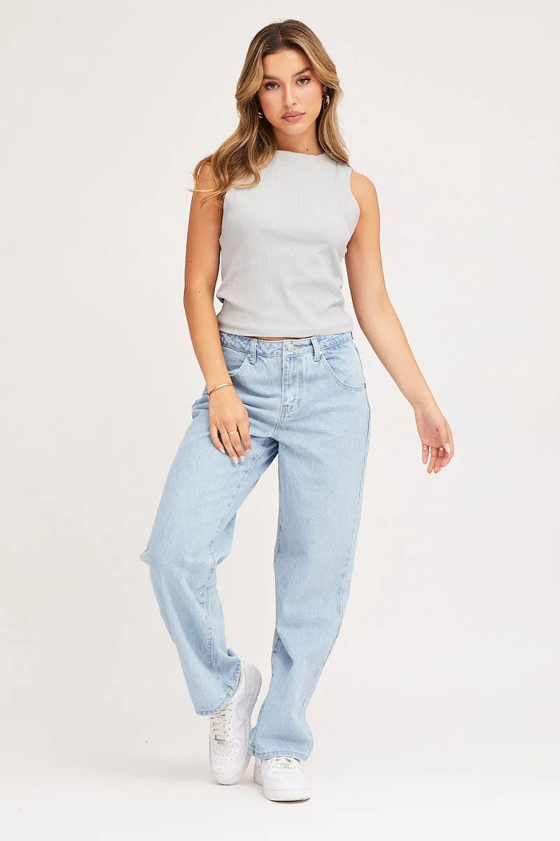 Lake Mood Casual Style Blue Tank Top Sleeveless Crew Neck