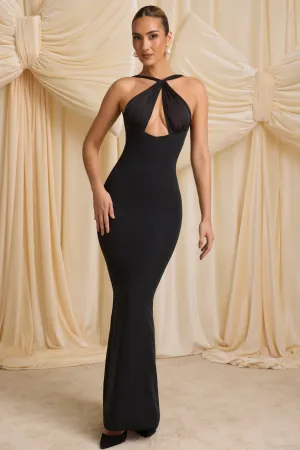 Metallic Pop Pearl-Detail Halterneck Maxi Dress in Black