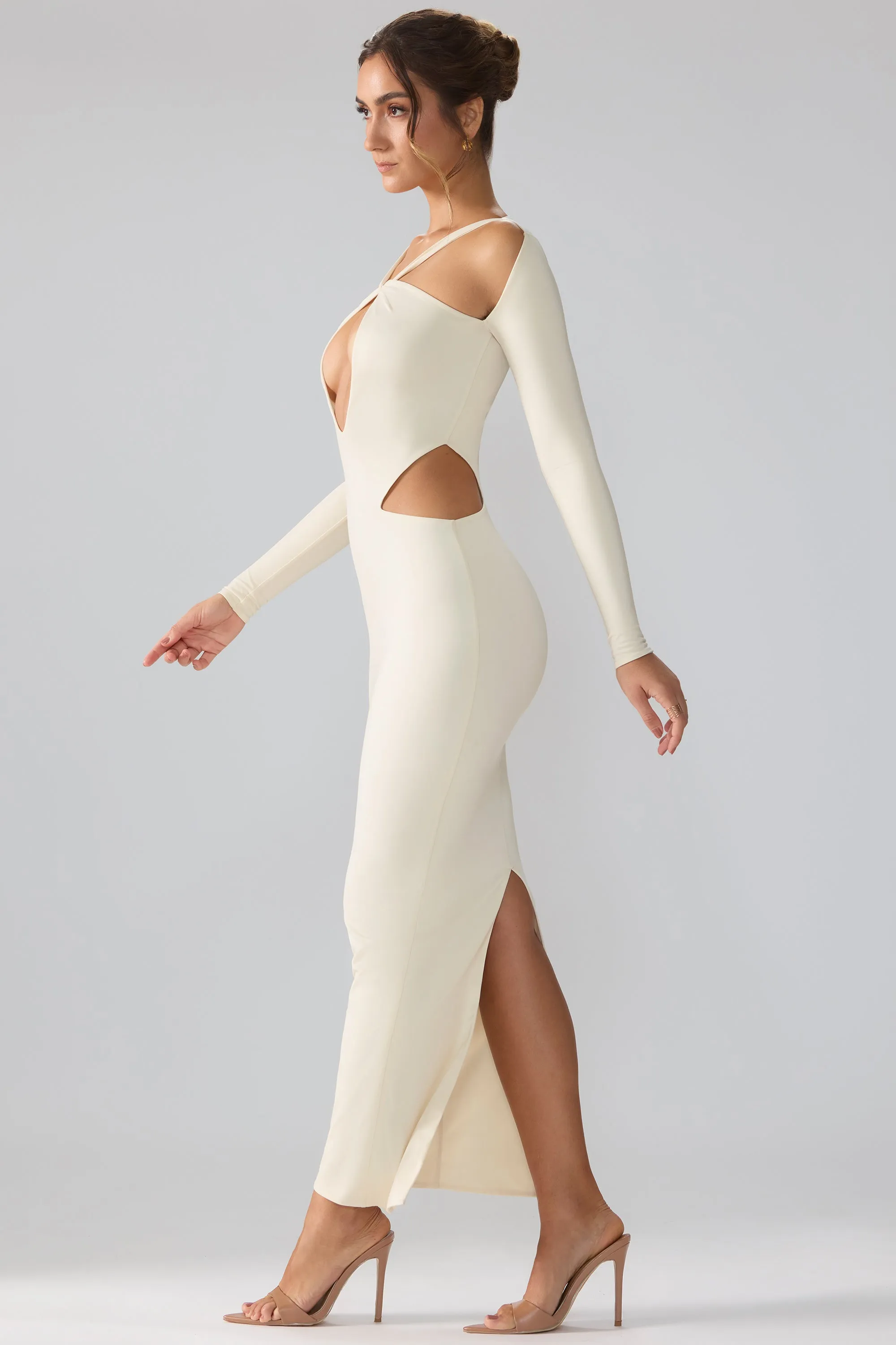 Flow Line Layer Glow Premium Jersey Long Sleeve Cut Out Maxi Dress in Ivory