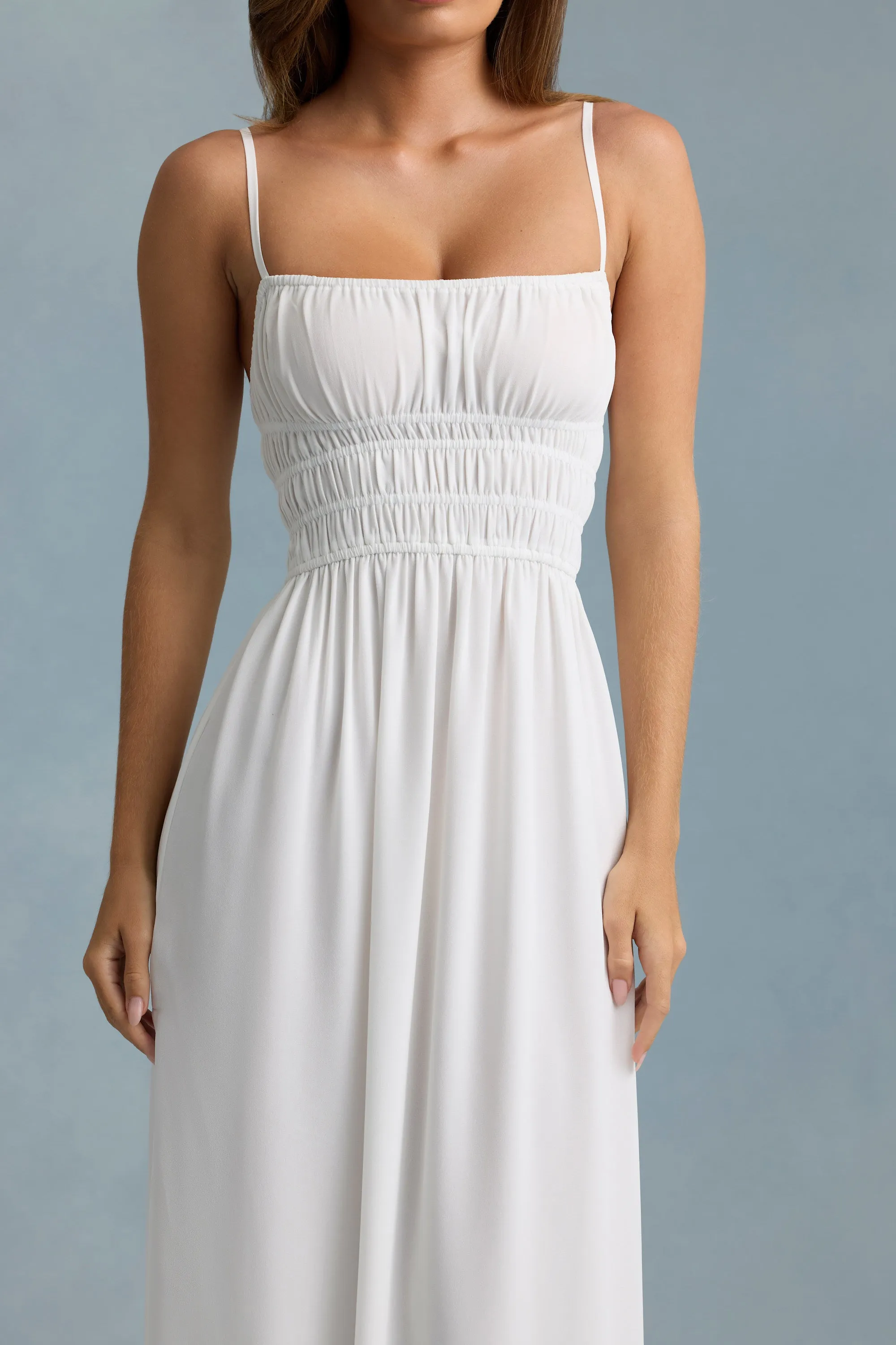 Shirred Camisole Maxi Dress in White Lily Bloom
