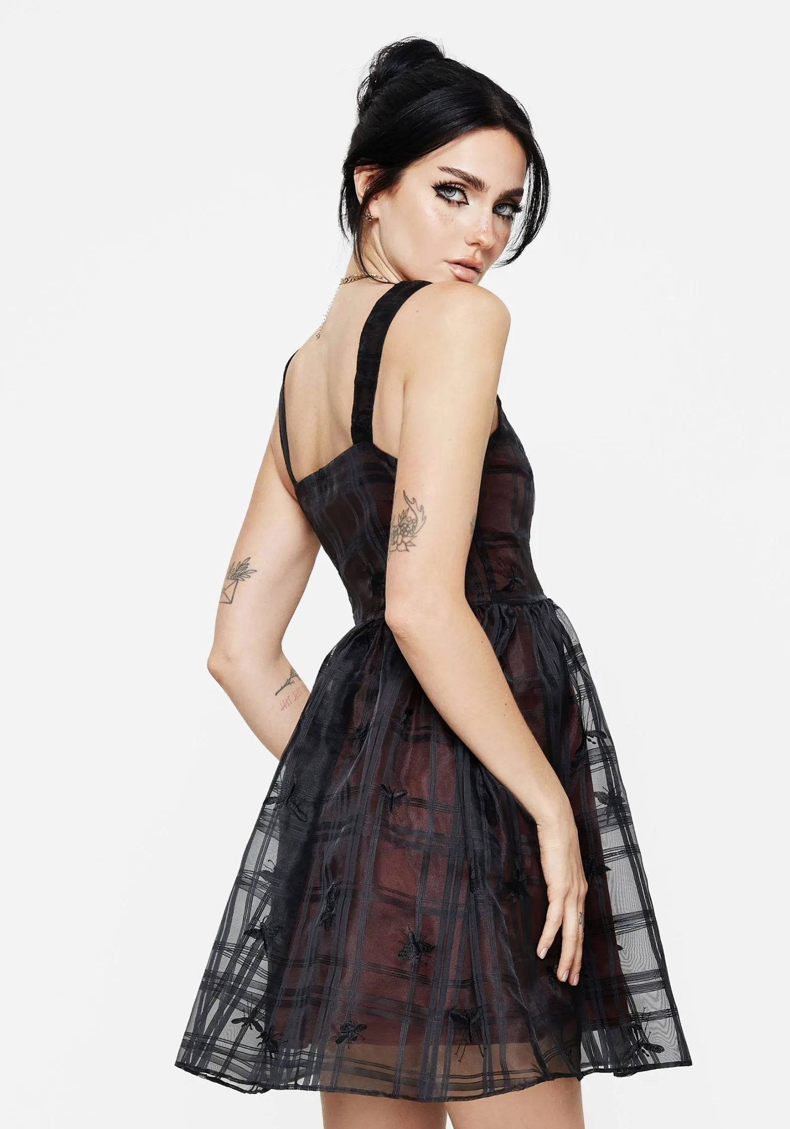 Sedona Organza Check Embroidered Mini Dress Chic Silhouette Vibrant Wear
