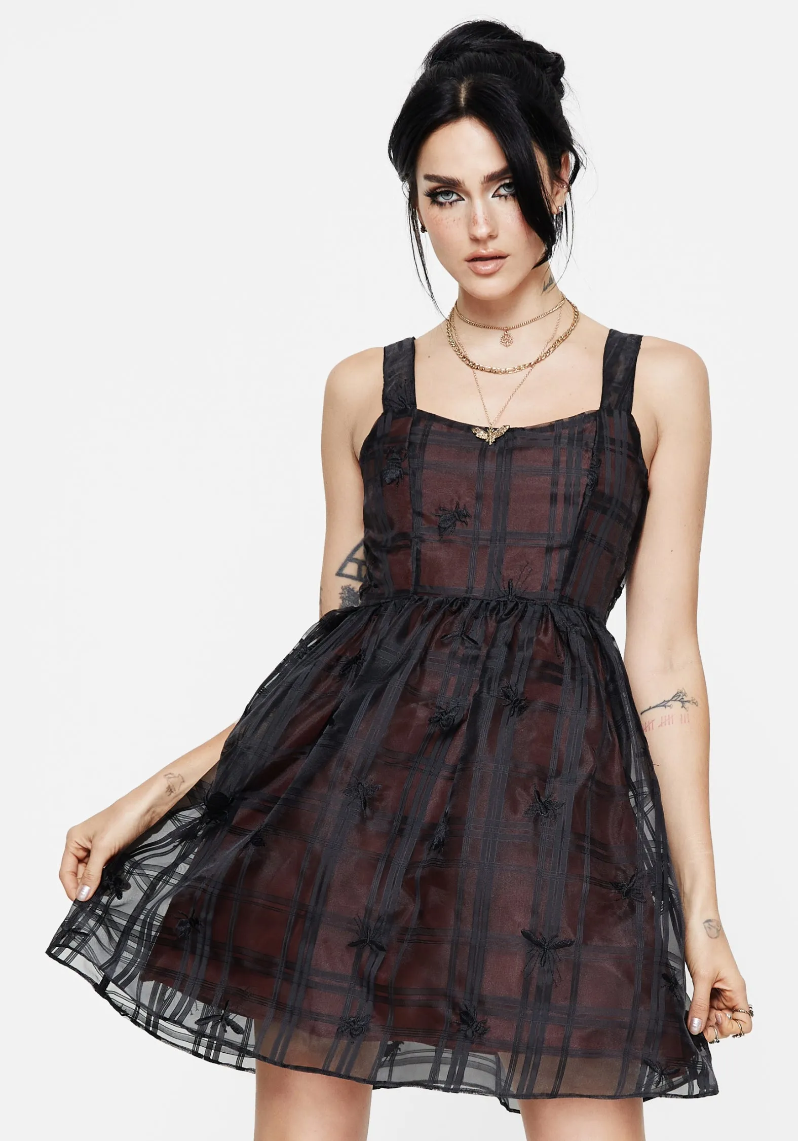 Sedona Organza Check Embroidered Mini Dress Simple Wear Eye Candy