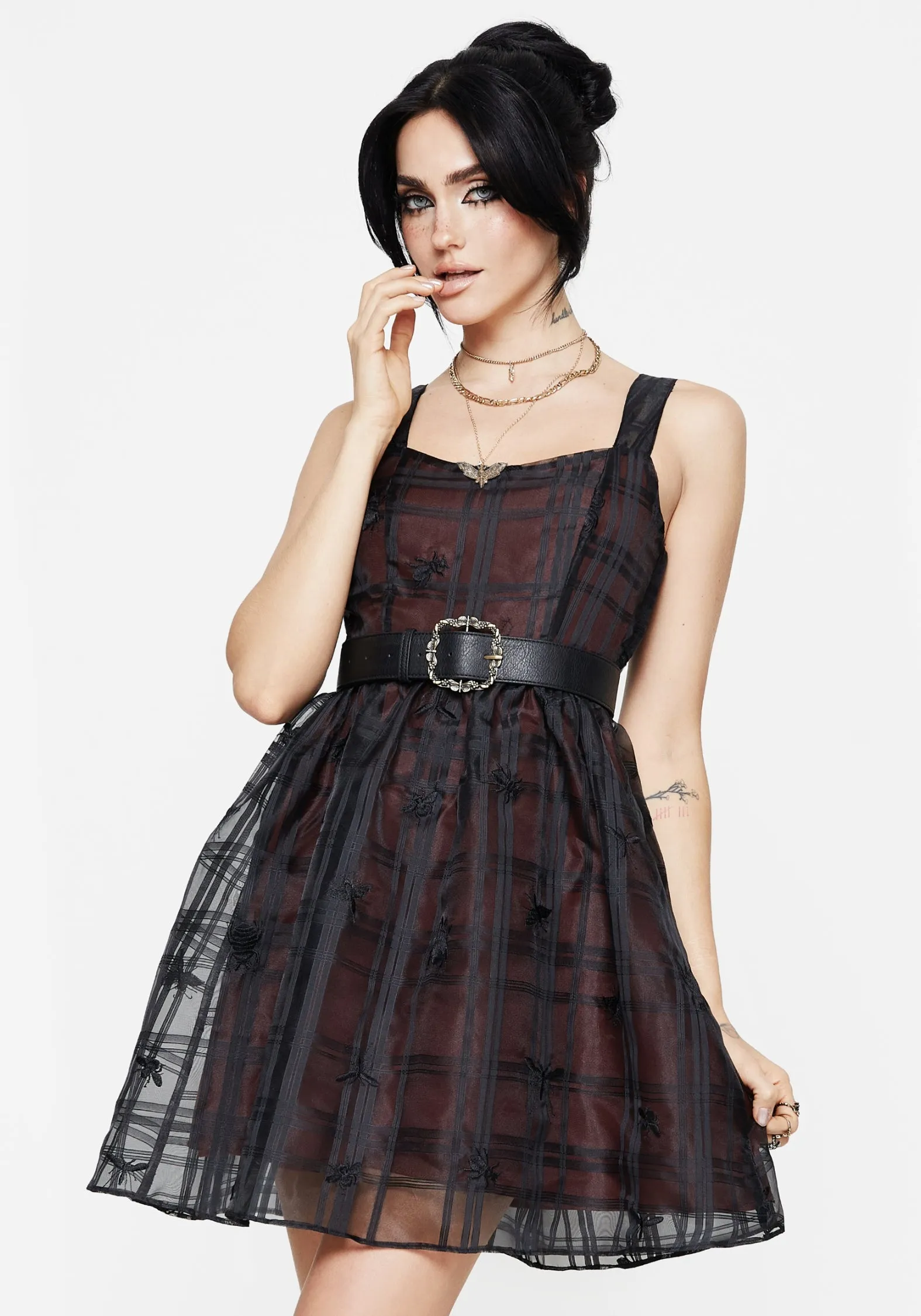 Sedona Organza Check Embroidered Mini Dress Moisture wicking