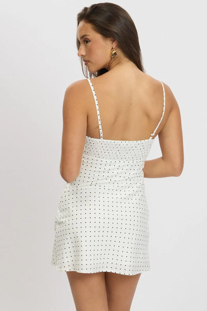 White Polka Dot Mini Dress V-Neck Strappy Sophisticated short dress
