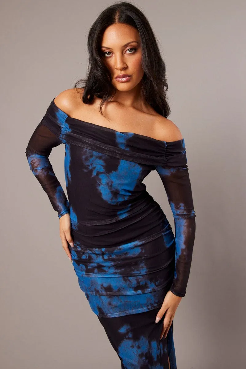 Blue Abstract Bodycon Dress DoubleStitchedEdges