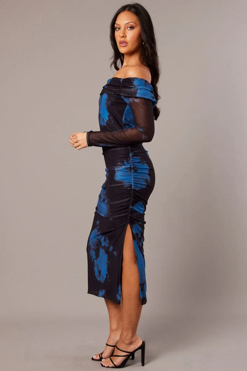 Adjustable Waistbands Blue Abstract Bodycon Dress