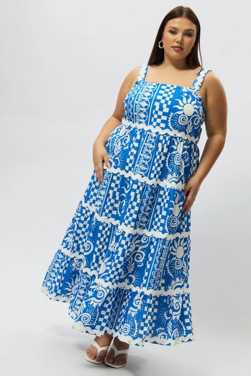 Seasonal Wardrobe Wave Touch Blue Abstract Midi Dress Sleeveless Tiered Ric Rac Linen Blend