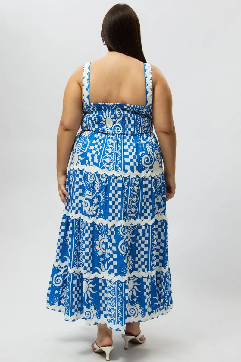 Modern Grace old town Blue Abstract Midi Dress Sleeveless Tiered Ric Rac Linen Blend