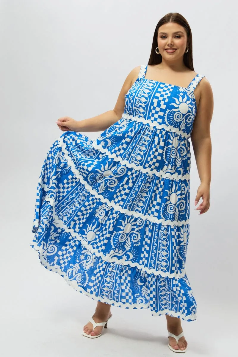 Elegant Details Tall Frame Blue Abstract Midi Dress Sleeveless Tiered Ric Rac Linen Blend