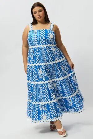 Blue Abstract Midi Dress Sleeveless Tiered Ric Rac Linen Blend Grand Entry