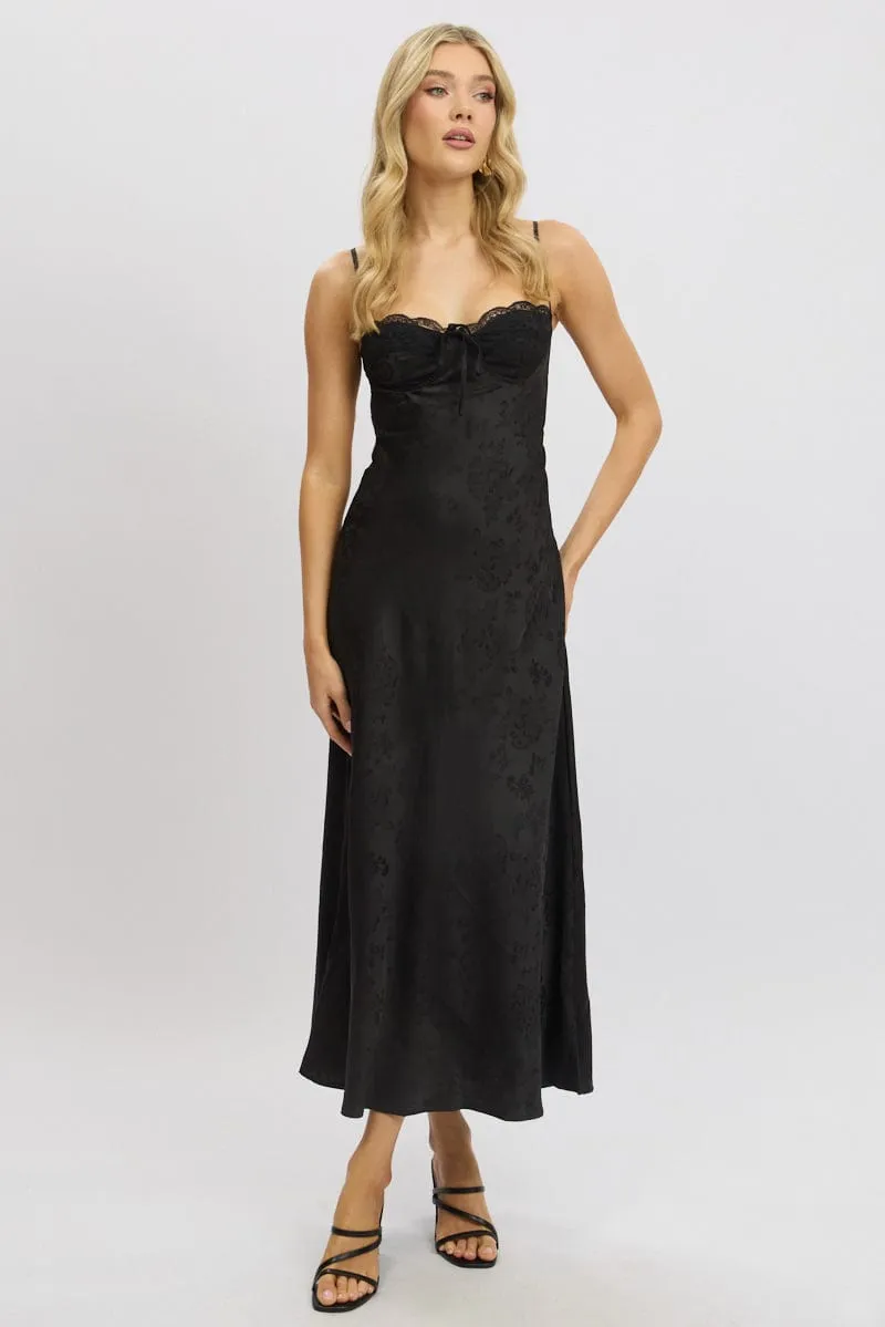 Black Maxi Dress Back Tie Satin Ruffle Hem