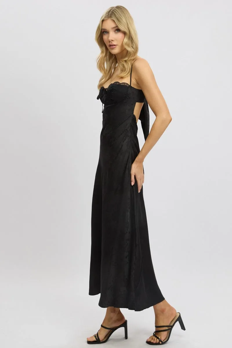 Black Maxi Dress Back Tie Satin Botanic Scene