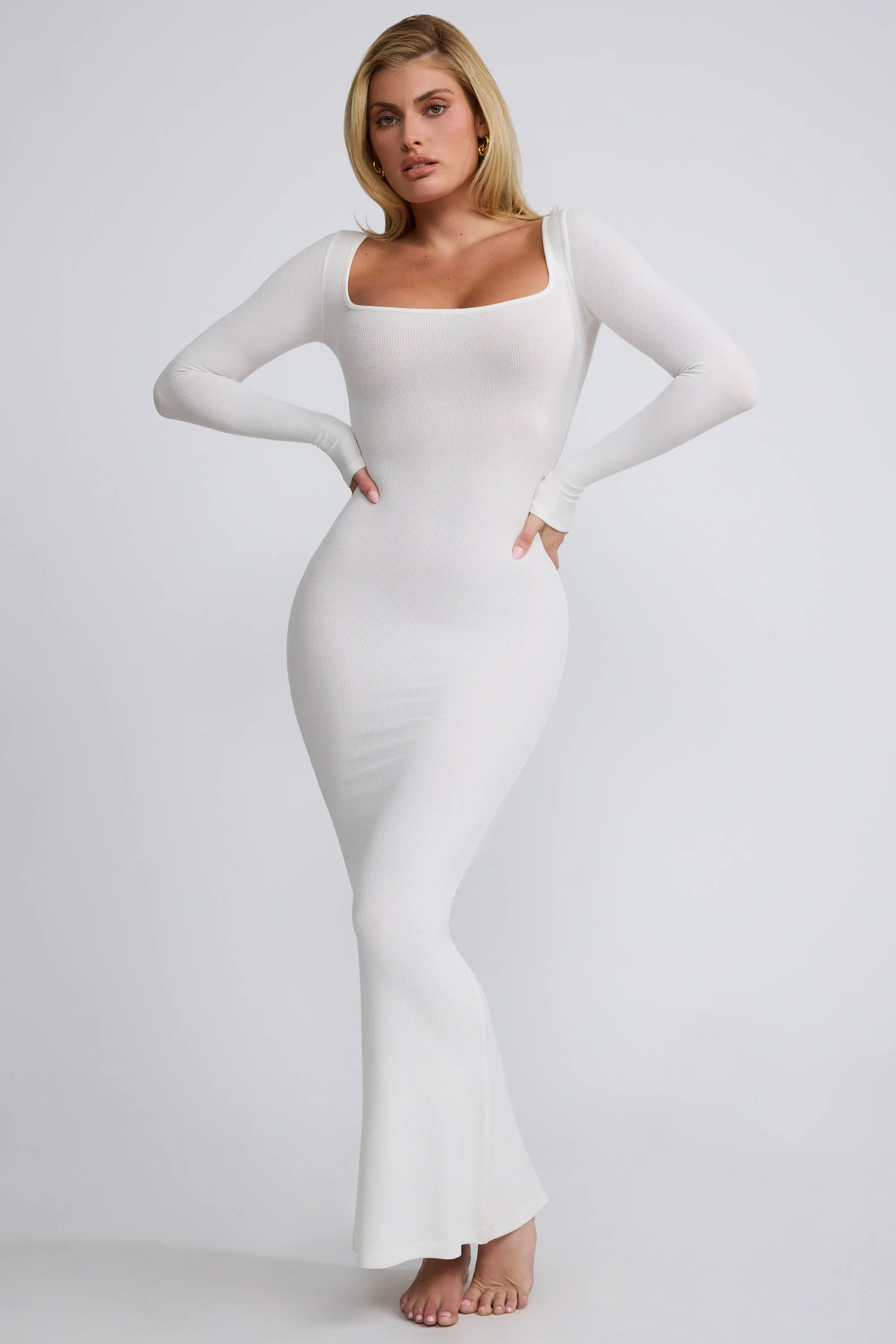 Rose Glow Ribbed Modal Long Sleeve Maxi Dress in White